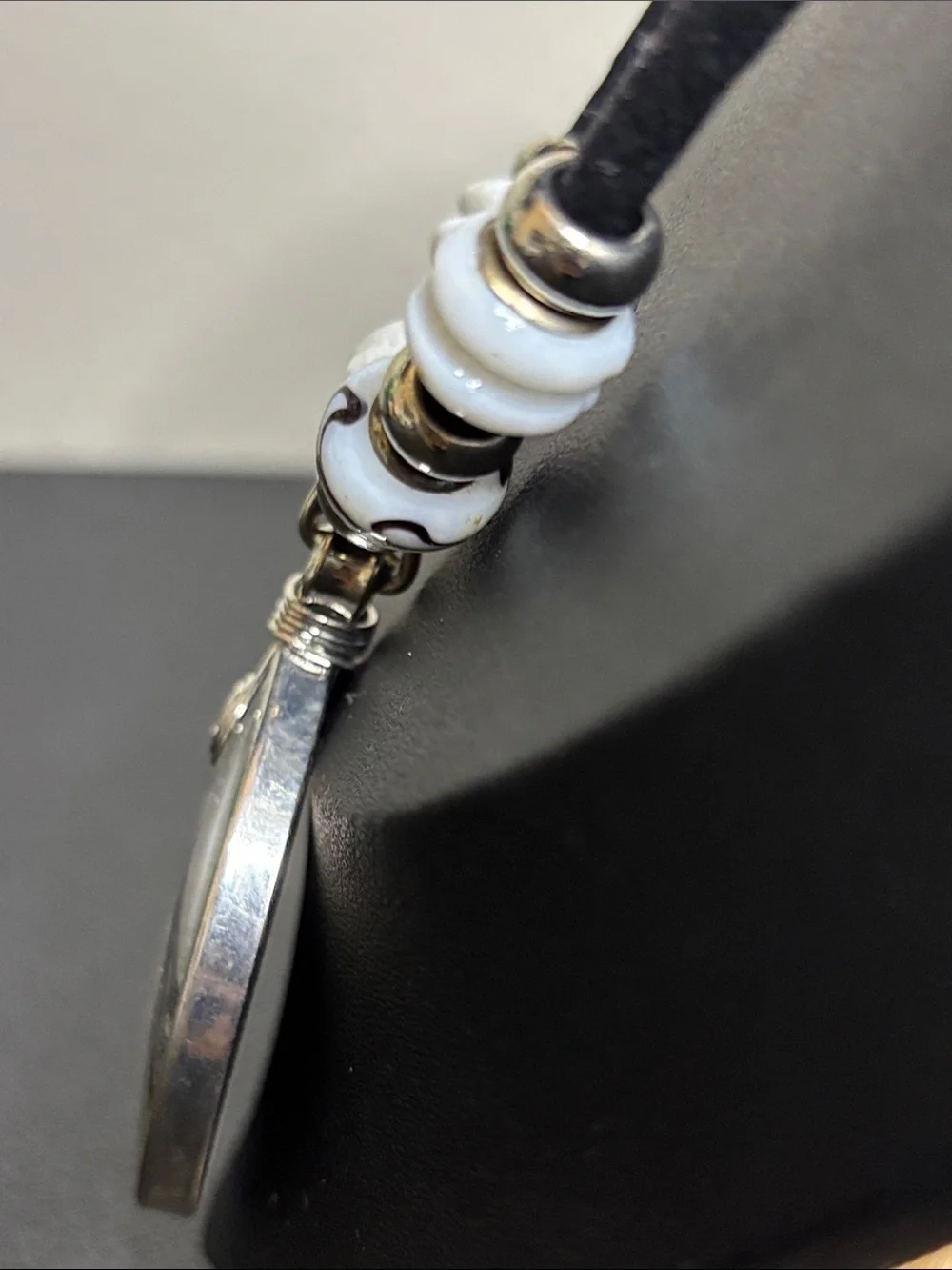 Vintage Swirl Glass Pendant Necklace Black White Glass Lampwork Beaded Cord